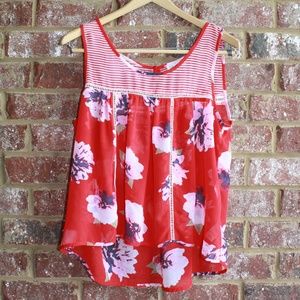 Sleeveless, sheer, red top